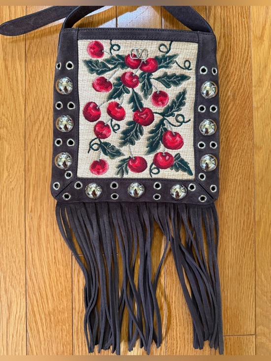 Valentino Garavani Handbags - Valentino Garavani Red Cherry Embroidered Fringe Shoulder Bag